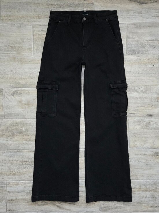 Risen Jeans Denim - Risen Black Wide Leg Cargo Jeans Womens Stretch Denim Flap Pocket High Rise 30